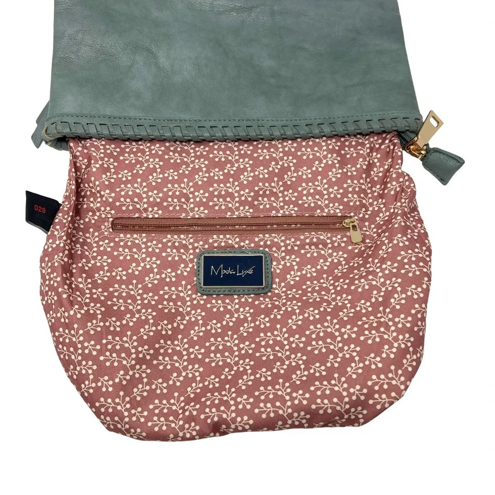 Moda Luxe Teal Foldover Clutch Crossbody Bag PU Leather Braided Trim‎